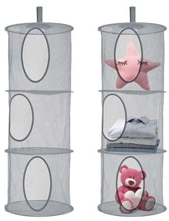 Hanging Toy Storage Net Large, 2PCS 3 Tier Teddy Hammock Toy Mesh Storage Foldable Hanging Storage Organiser for Soft Toys Clothes Sundries, Space Saving (Grey)