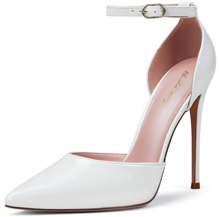 Zhabtuc High Heels, Women Pumps D'Orsay Ankle Strap Pointed Toe Stiletto Heels Rhinestone Party Wedding Shoes, White PU, 3.5 UK