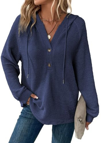 Dokotoo Women's Hoodies Waffle Knit Drawstring Button Womens Pullover Sweatshirt V Neck Long Sleeve Jumpers Women Hooded Tops Plain Casual Ladies Hoodie Top Navy Blue 2XL