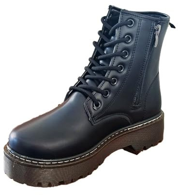 Genérico Botas Negras Militares Estilo Punk con Plataforma Dentada y Cordones hasta la Parte Superior. Cierre con Cremallera. Botas para Mujer