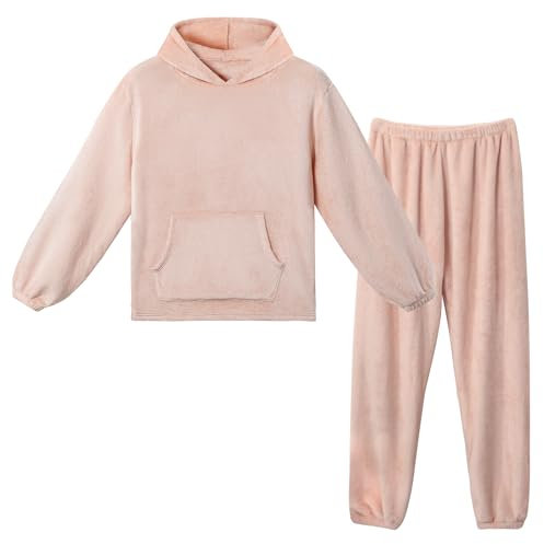 LACOFIA Pigiami in Pile Due Pezzi da Donna Pigiama Set Invernale con Cappuccio Abbigliamento Caldo da Notte a Maniche Lunghe Adulto Pigiama di Coppia Rosa Chiaro 2XL