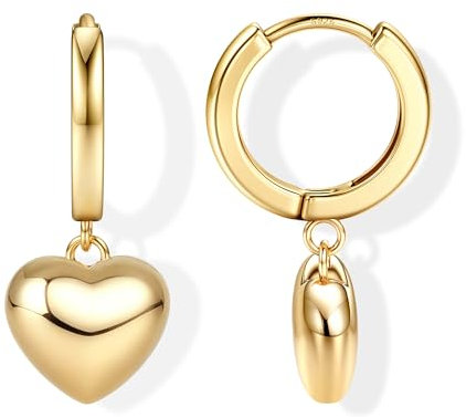 CASSIECA 18K Gold 925 Sterling Silber Creolen Ohrringe für Damen Mädchen Herz Anhänger Ohrringe Minimalistische Leichte Huggie Ohrringe Charm