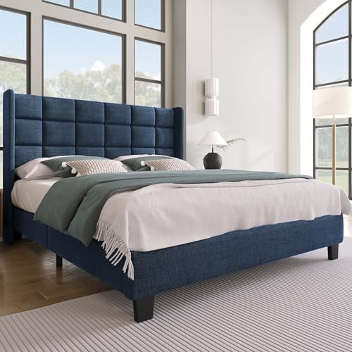 NQSLDM Polsterbett 140x200 cm, Bett mit Stauraum und Lattenrost, Bettgestell mit Gepolstertes Kopfteil, Doppelbett für Schlafzimmer und Gästezimmer, Leinen, Ohne Matratze, Blau