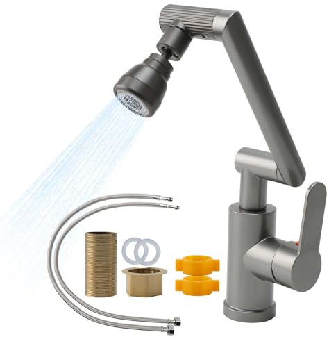 Grifo Fregadero Cocina Abatible, Ruspela Grifo Cocina 360° Giratorio Gris 3 Modos de Salida de Agua Giratorio con una Sola Mano Grifo de Fregadero con 2 Mangueras Acero Inoxidable