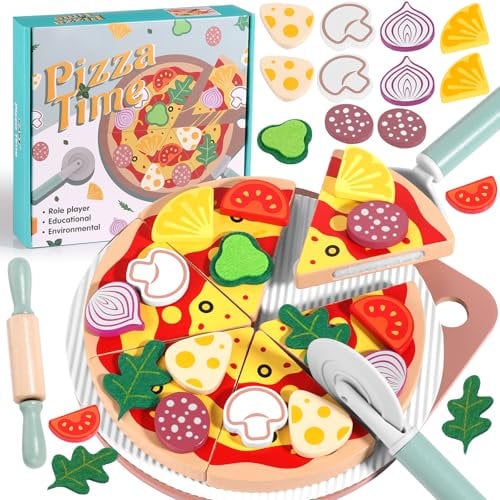 GAGAKU Wooden Pizza Toys Age 3+ for Kids 27Pcs Wood Cooking Toys Cutting Play Food Set for Toddlers Pretend Play Kitchen Accessories Toys for Toddlers Aged 3-8, for Boys and Girls