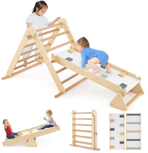 Olakids Pikler Dreieck, 7 in 1 Kletterspielzeug für Kleinkinder, faltbar, Montessori Holz, Fitnessstudio mit verstellbarem Winkel, Treppenschaukelrampe, Indoor-Spielplatz