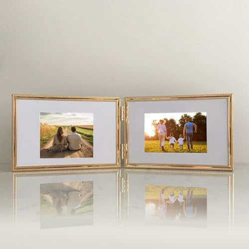 Beydodo Bilderrahmen 15x10 CM Gold Einzeln, Klapprahmen Metall Doppelt Horizontal Fotorahmen für Mehrere Fotos Familie