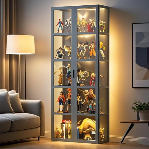 Poxvythb Vitrine für Sammlerstücke, glasvitrine,pflanzenvitrine, Industriestyle Regalvitrine – Metall-Bambus Hybriddesign & Schwerlastbretter für Großfiguren Ohne Licht (62x33x161cm/Grau)