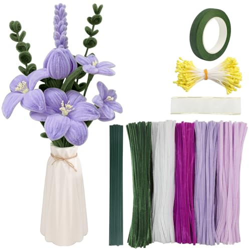 Pfeifenputzer Zum Basteln,500stk Pfeifenreiniger Blumen Set,Pfeiffenreiniger Lila,Pfeifenputzer Zum Basteln Blumen,Chenilledraht Mit Blumenstöcke,Floral Tape,Staubgefäße,Pipe Cleaners Für Kreative Diy