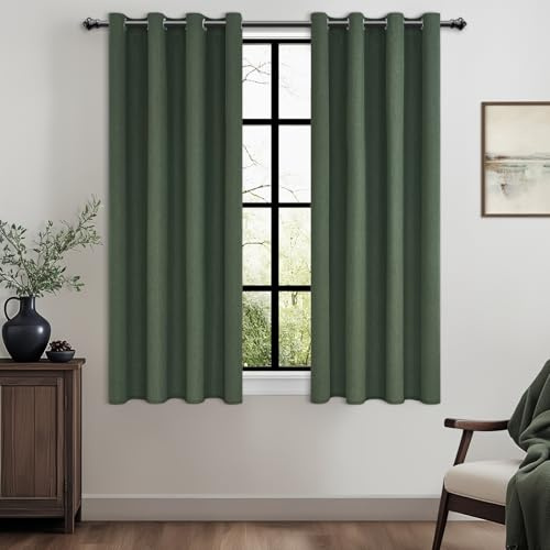 MRTREES 100% Blickdichte Vorhänge mit Ösen Leinenoptik Schlafzimmer Küche Fenster Kurz Verdunklungsvorhänge 2er Set, Blackout Vorhang Wohnzimmer 160 cm Lang 140 cm Breit, Oliv-grün