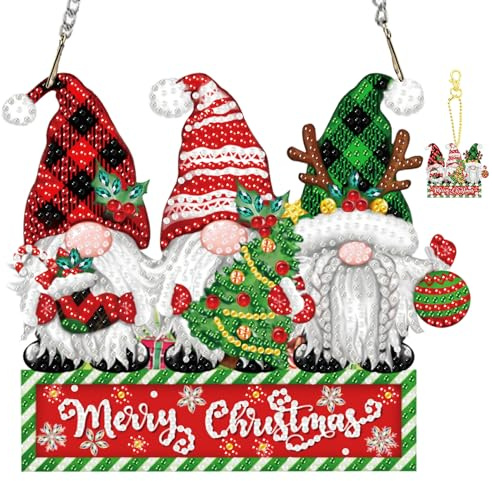 Jawecci Drei Zwerg Diamond Painting Anhänger mit Schlüsselanhänger, Weihnachten Diamant Painting Fensterbilder Beidseitig für Erwachsene, Hängend Ornament Tür Fenster Wand Eingang