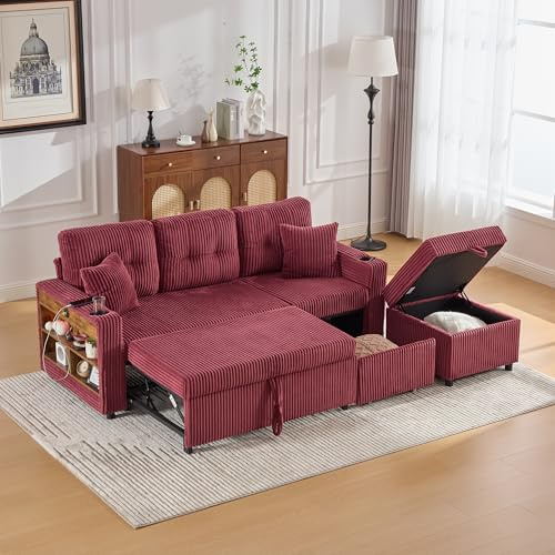 Divano in Velluto a Coste con Contenitore e Letto estraibile, Divano Letto con Porta USB-C e LED, Portabicchieri e Ampi braccioli, Sofa Soggiorni, Divano a 3 Posti, letto Matrimoniale VINO ROSSO