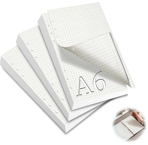 mawmuaw Nachfüllpapier A6 Ringbuch 6 Loch, 3 Packungen Ringbucheinlagen A6 Kariert Nachfüllbar 180 Blätter Refill Paper Nachfülleinlagen Notizpapier für Tagbuch Notizbuch Skizze Malerei Agenden