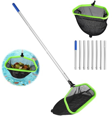 SUPAWAY Épuisette à feuilles pour piscine, filet de nettoyage avec manche réglable 2,8m filet profond double couche pour bassin à poissons - Type B (Cadre vert aluminium - filet noir grossier profond)