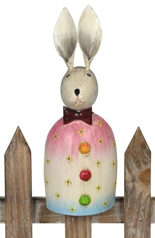 fröhlich bunter Zaunhocker Hase mit Fliege und bunten Knöpfen Metall bemalt