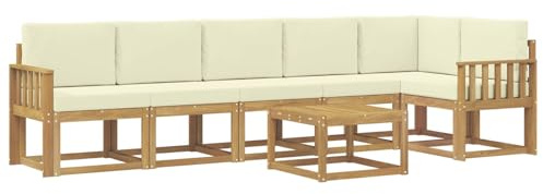 vidaXL Outdoor-Sofagarnitur mit Kissen 7 pcs Weiß und Creme Polyester, Modernes Garten-Sofa Set, wetterfestes Möbel, Sektional für die Terrasse, Akazienholz, Entspannung im Freien