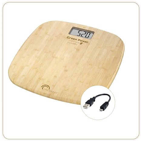 LITTLE BALANCE 8228 Bambou Soft USB, Personenwaage ohne Batterie, USB-Anschluss zum Aufladen, Hitzegehärtetes Glas, 180 kg, Bamboo