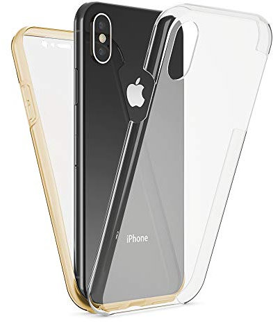 NALIA Funda Integral Compatible con iPhone X/XS, Carcasa Completa con Cristal Templado, Ultra-Fina Telefono Movil Cubierta Protectora Cover Delgado Bumper Smart-Phone Case, Color:Gold Oro
