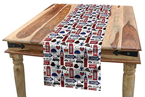 ABAKUHAUS London Tischläufer, UK Englisch Sehenswürdigkeiten, Esszimmer Küche Rechteckiger Dekorativer Tischläufer, 40 x 180 cm, Rot Blau