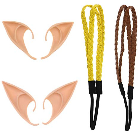 YINETTECH 4pcs Latex Elf Fairy Ears with 2pcs Hair Braid for Anime Hobbit Goblin Pixie Cosplay Halloween Christmas Party Decor
