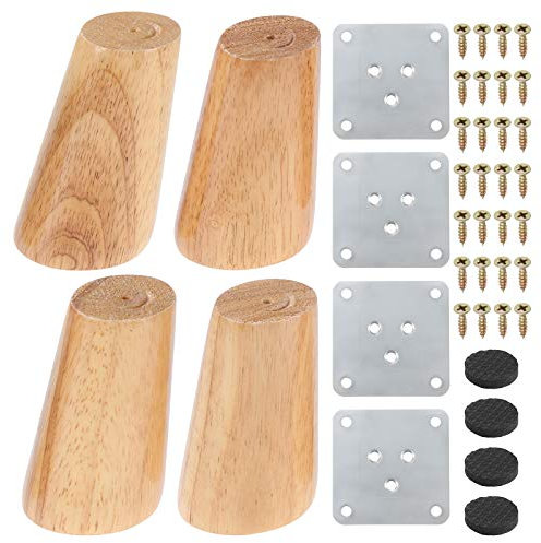 4 Holzmöbelbeine, 8 cm massives, sich verjüngendes Holzsofabein, Ersatzmöbelfüße Schrankfüße mit Montageplatte, Schrauben und rutschfesten Matten für den Sofa-Tischstuhl-Teeschrank