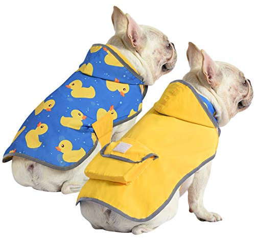 HDE Wendbarer Hunde-Regenmantel mit Kapuze, für kleine, mittelgroße und große Hunde, Enten/Gelb, Größe S