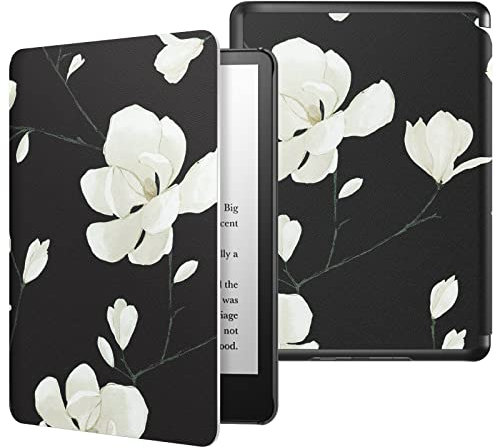 MoKo Étui Compatible avec 6,8 Pouces Kindle Paperwhite 11e Gén (Modèle 2021), Coque de Protection Enfant Magnétique Auto Réveil/Veille pour Kindle Paperwhite Édition Signature, Noir + Magnolia Blanche