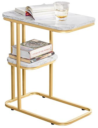 SoBuy FBT110-G Beistelltisch mit 2 Ablagen Sofatisch Kaffeetisch Laptoptisch Betttisch Pflegetisch mit goldenem Metallgestell BHT ca.: 50x58x30cm