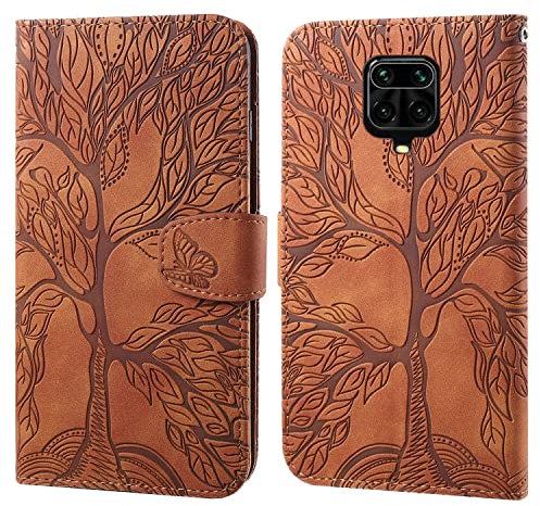 Aisenth Handyhülle für Xiaomi Redmi Note 9 Pro, Baum Muster PU Leder Handytasche Brieftasche Klapphülle Etui Wallet Flip Case Schutz Hülle mit TPU innen Schale, Kartenfächer -Braun
