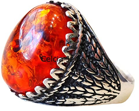 Baltischer Bernstein, echter orangefarbener, ovaler Ring, Statement Ringe, Siegelring, klassischer Ring, Herren-Geschenkring, oxidierter Silberring, Vatertagsgeschenk (Baltischer Bernstein)