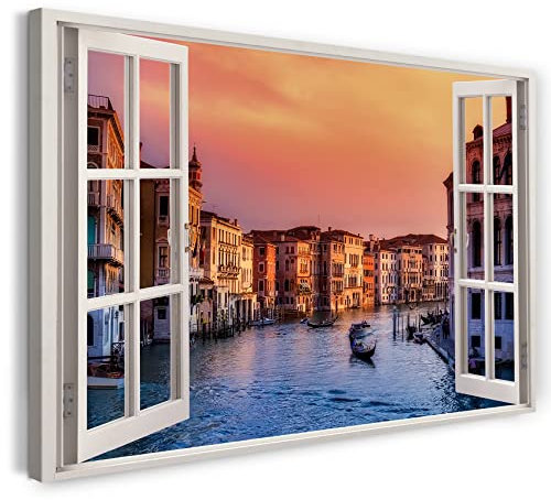 Printistico Bilder Fensterblick 100x70cm Baumwoll-Leinwand auf Keilrahmen mit Aufhänger moderner Kunstdruck XXL Wandbilder Wand-Dekoration Venedig Kanal Sonnenuntergang Meer Urlaub - Natur-Fotografie