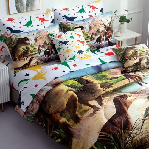 NiuOne Set copripiumino estivo da 9 pezzi per letto queen size con dinosauro, set di biancheria da letto con dinosauro 3D, per camera da letto per adulti, 1 piumone + 4 federe + 1 lenzuolo piano + 1
