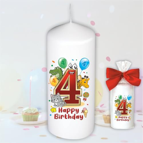 Stumpenkerze - Geburtstagskerze zum 4. Geburtstag, Happy Birthday - Motive auf Tattoofolie | Geschenkfolie und Schleife | Kerze mit Geburtstagszahl Zahl in Geschenkverpackung zum Kindergeburtstag
