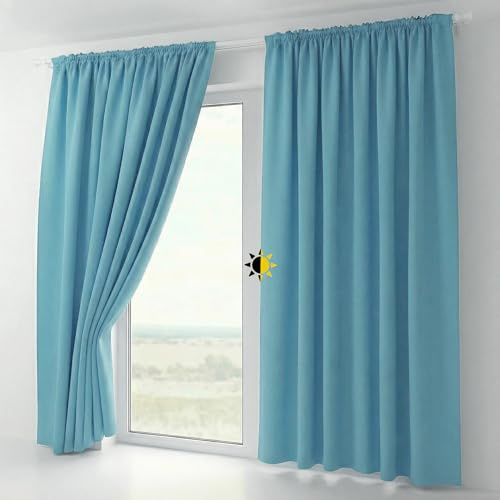 BEAUTEX 2er Set Kräuselband Verdunkelungsvorhang mit U-Band, Gardinen abdunkelnd und Blickdicht (B=140 cm, H=175 cm, Himmelblau)