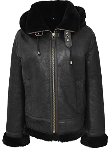Divergent Retail DR248 Damen Echt Schaffell Winter Warm Jacke Schwarz, Schwarz , 40