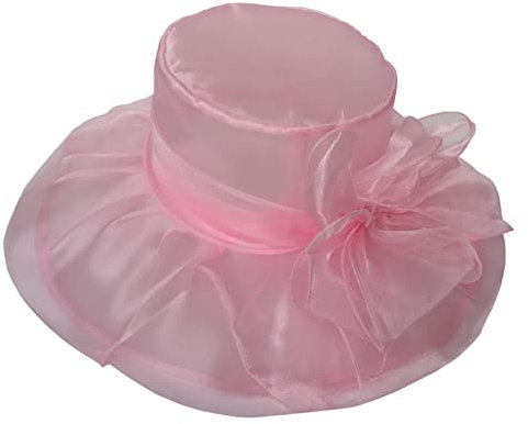Huakunda Damen Organza Hut Kirchenhüte Faltbarer mit Blume breite Krempe Fascinators Hut für Hochzeit Tea Kirche Party (Rosa)