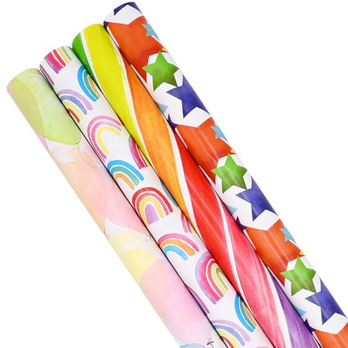 Geschenkpapierrolle, 3 m x 44 cm, recycelbar, umweltfreundlich, bunt, Stern, Regenbogenballon, Geschenkpapier für Geburtstagsgeschenk, Party-Dekorationen, 4 Rollen