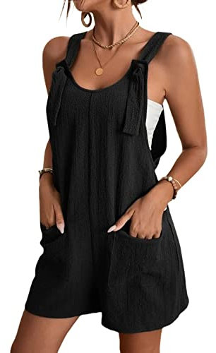 Women's Casual Romper Bib Overalls Shorts Solid Color Sleeveless Adjustable Strap Loose Cotton Linen Wide Leg Loose Short Playsuit with Pockets (Black, XXL)