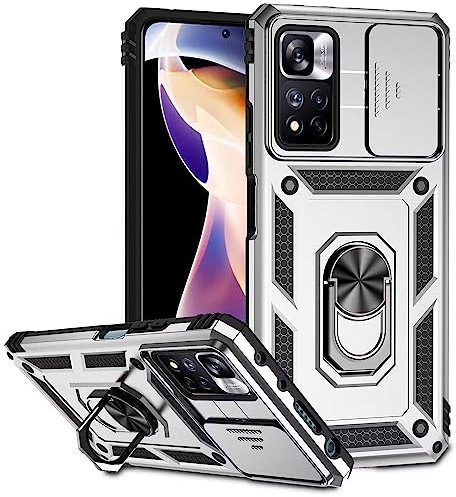 ESONG Funda para Xiaomi Redmi Note 11 Pro +(PLUS) 5G Armor Carcasa Protectora de Grado Militar con Cubierta de Cámara Deslizante/360° Giratorio Anilla,para Soporte de Montaje Magnético del Coche,Plata