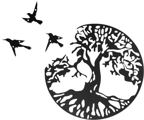 bowarepro Black Metal Tree of Life Garden Wall Art Decor, Round Tree of life Wall Sculpture, Silhouette Tree and Bird Plaque Wall Art Decor Hangings for Kitchen Bedroom Living Room Office Staircase