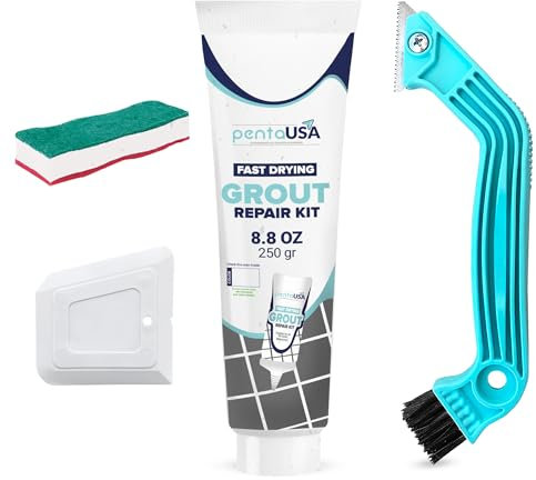 PentaUSA Grout - Ready Mixed Tile Grout with Sponge, Rake and Floater, Reviver for Bathroom, Kitchen, Floor Tiles - 250 gr Bundle Set (White)