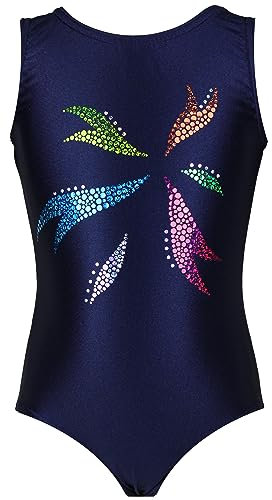 GymStern Gymnastikanzug Sterne Lycra Mädchen Turnanzug KURZARM Kinder Turnbody kurzärmlich, Größe:134/140, Farbe: LYCRA DUNKELBLAU FLORA