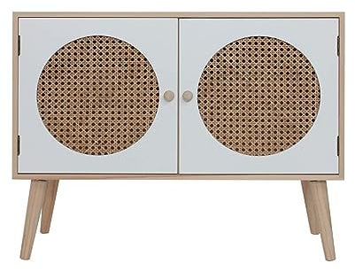 Rebecca Mobili Meuble TV, Buffet Scandinave, 2 Portes, Bois MDF Rotin, Blanc Marron, Style Boho, Décoration Maison - Dimensions HxLxP : 57 x 73 x 30 cm - Art. RE6854