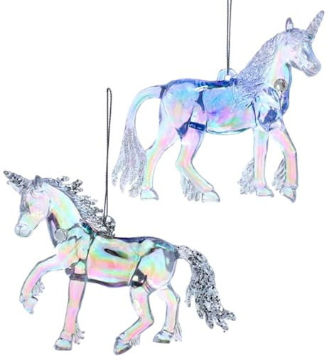The Bridge Collection 10,7 cm schillernde Einhorn-Ornamente – Set mit 2 schillernden Fantasie-Weihnachtsbaum-Ornamenten – Kunstkristall