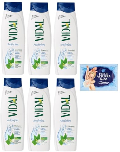 6er-Pack Vidal Shampoo Antiforfora Capelli Normali,Anti-Schuppen-Shampoo für normales Haar,250ml + 1er-Pack Kostenlos Felce Azzurra Talkumpuder, 100g-Beutel