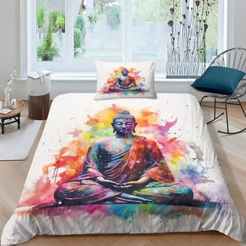 ESSAHI Buddha 3D Gedruckter Bettwäsche Set, Mit Kissenbezug Und Reißverschluss Weiche Und Angenehme Microfaser Buddhist Bettbezug 3 Teilig Für Kinder Erwachsener Single（135x200cm）