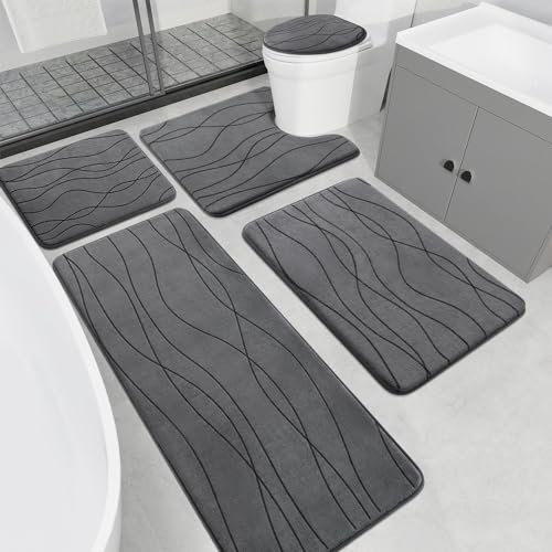 YIHOUSE Badezimmerteppich-Sets aus Memory-Schaum, 5-teilig, ultra-saugfähig, Badematte für Badezimmer, rutschfest, maschinenwaschbar und schnell trocknend, 5-teiliges Badezimmermatten-Set, Dunkelgrau