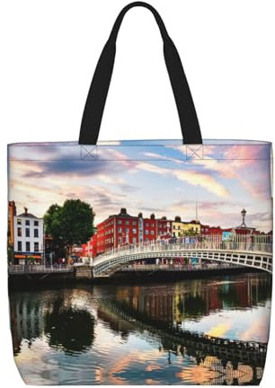 EdWal Leichte Reisetasche mit Kaiserpinguin-Druck, lässige Umhängetasche, Handtasche, Arbeitstasche, Dublin Irland Ha Penny Bridge River, Einheitsgröße