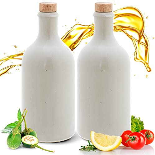 Essig & Öl Steinzeug - Flasche mit Ausgießer, 2er Geschenkeset für Feinschmecker Handgefertigt und Einzigartig im Design Made in Germany Authentisch chic und zeitlos (2x 500ml, weiß)