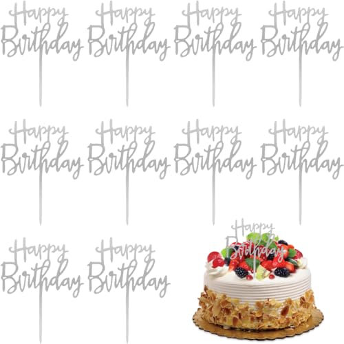 BAVALIN 10 Pièces Décoration de Gâteau Joyeux Anniversaire - Glitter Happy Birthday Cdécoration de Gâteau Acrylique pour Décoration de Fête d’anniversaires de Douche de Bébé, Argenté